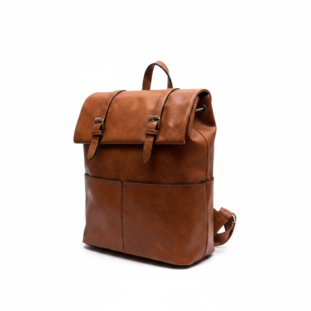 Vintage Style Brown Faux Leather Flap-Over Backpack with Buckle Detail